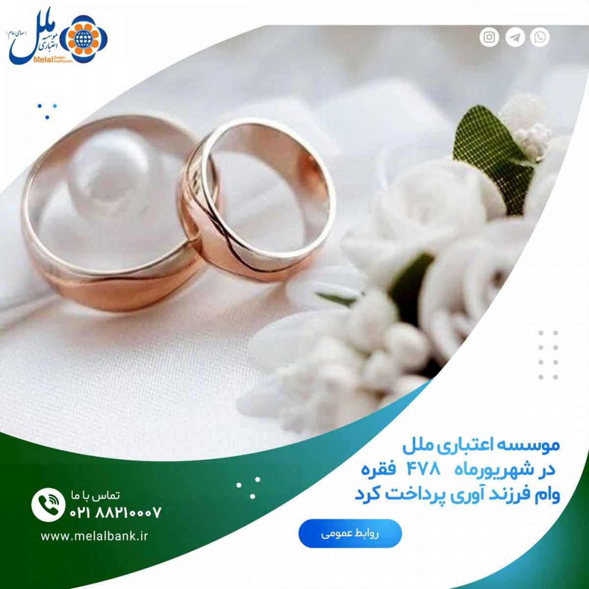 موسسه اعتباری ملل در شهریورماه 339 فقره وام ازدواج پرداخت کرد